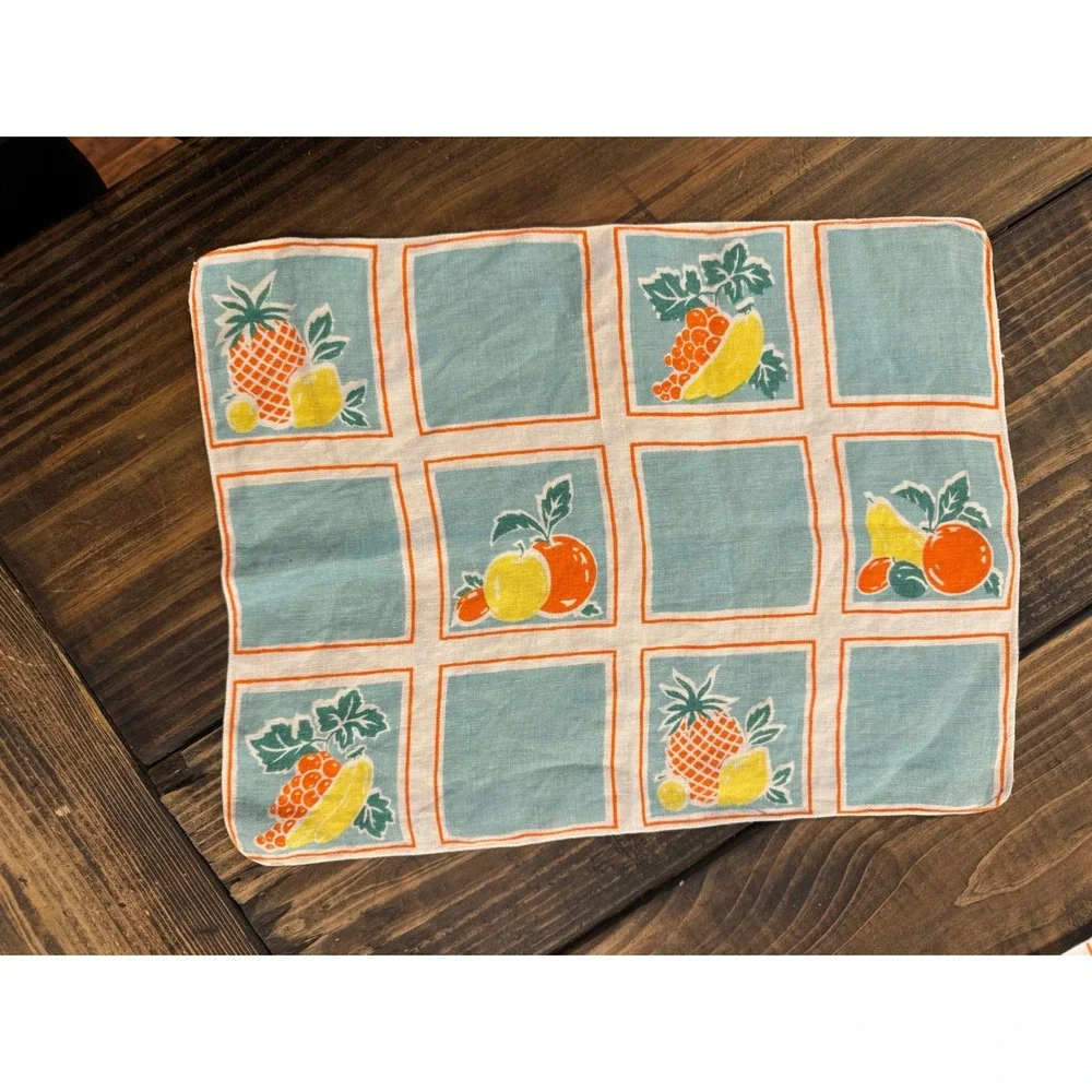 Vintage Mid Century Fruit Retro Table Runner and 7 Napkins Set Teal Orange‎ MCM